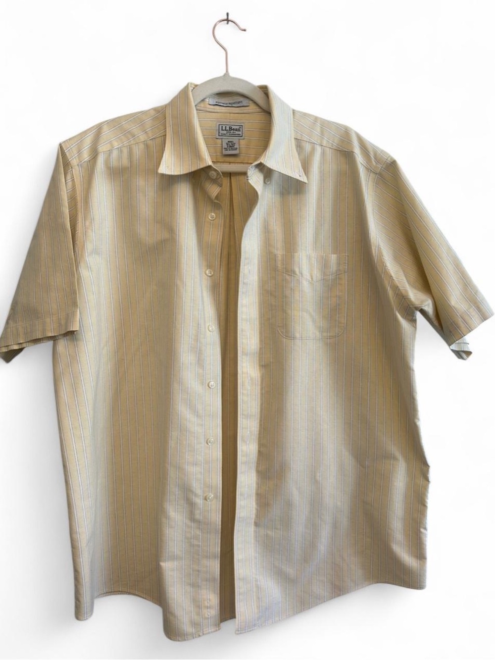 L.L. Bean Men’s Short-Sleeve Button-Down Shirt in Beige with Light Blue Stripes
